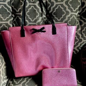 Kate Spade Pink Glitter Tote and Matching Wallet